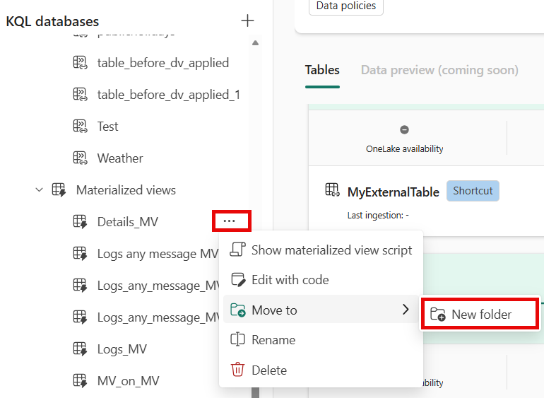 Screenshot of the pop-up menu showing the option to move the materialized view to an existing folder or create a new one.