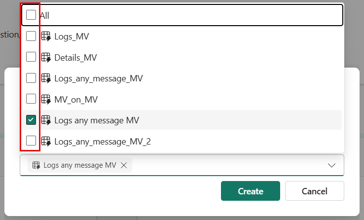 Screenshot of the pop-up menu showing the option to move multiple materialized views to the same folder.