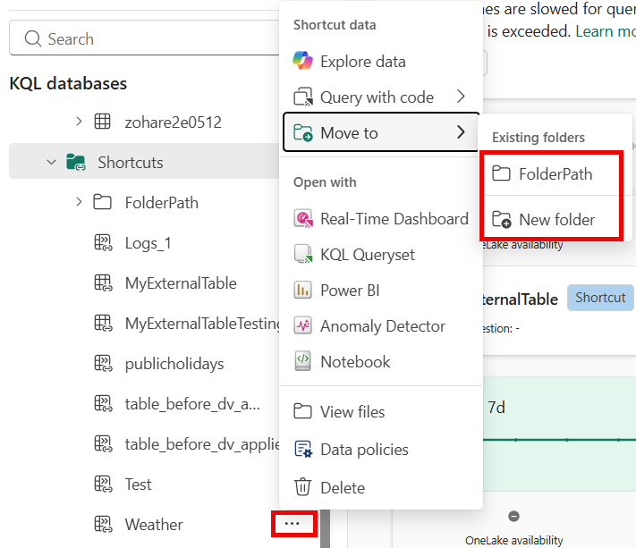 Screenshot of the pop-up menu showing the option to move the shortcut to an existing folder or create a new one.