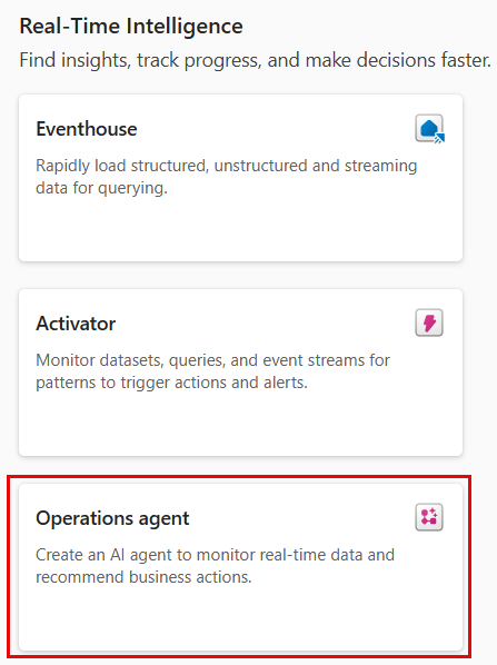 Screenshot of the option for creating an operations agent.