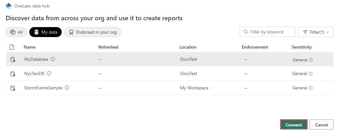 Screenshot of OneLake catalog showing a list of KQL databases that are available to connect in Power BI Desktop.
