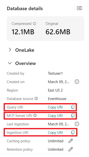 Screenshot of the database details card showing the database details. The options titled Query URI, Ingestion URI, and MCP Server URI are highlighted.