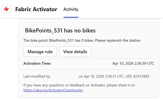 Screenshot of a sample Teams alert.