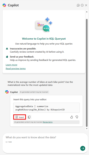Screenshot of Copilot dialog showing a generated KQL query and the Insert button.