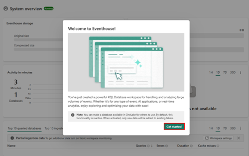 Screenshot of the Eventhouse welcome interface with Get started button highlighted.