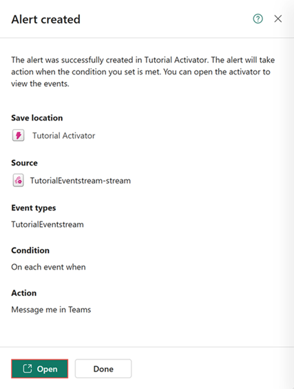 Screenshot of Alert created pane in Real-Time Intelligence.