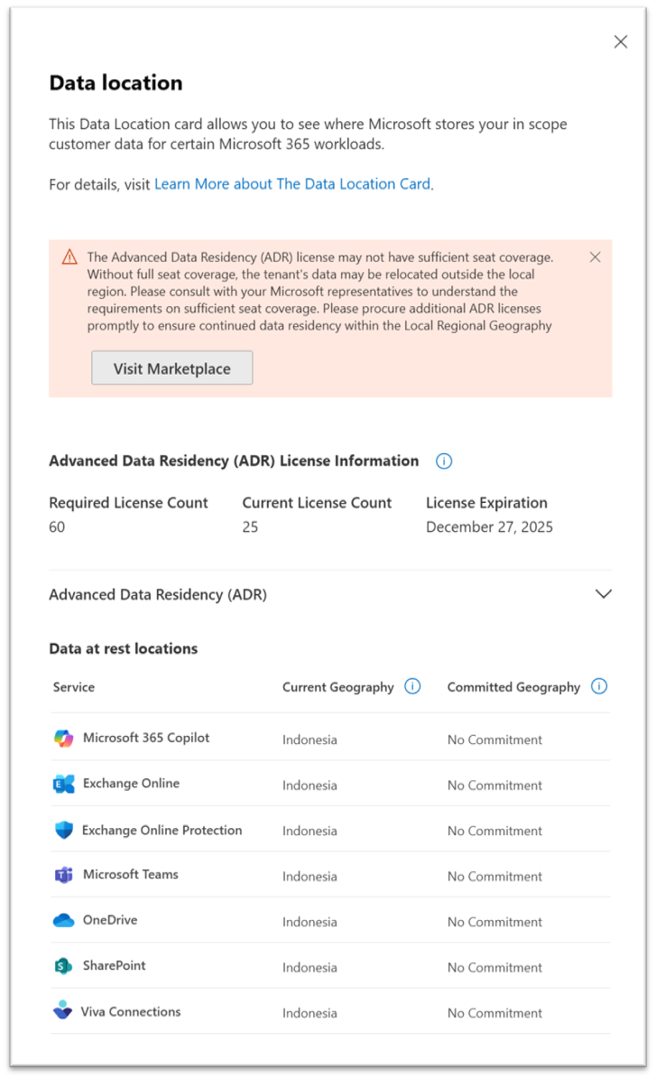 Screenshot of Data Location View For Customer With Insufficient ADR Seat Coverage.