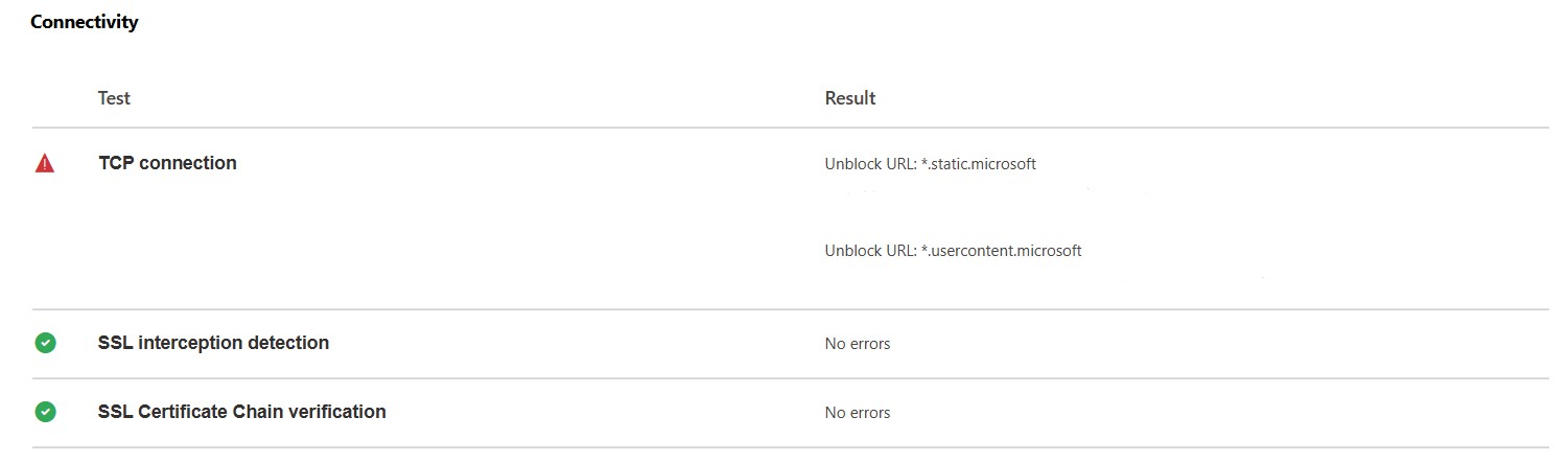 Screenshot that shows the Connectivity test - unified domains are blocked.