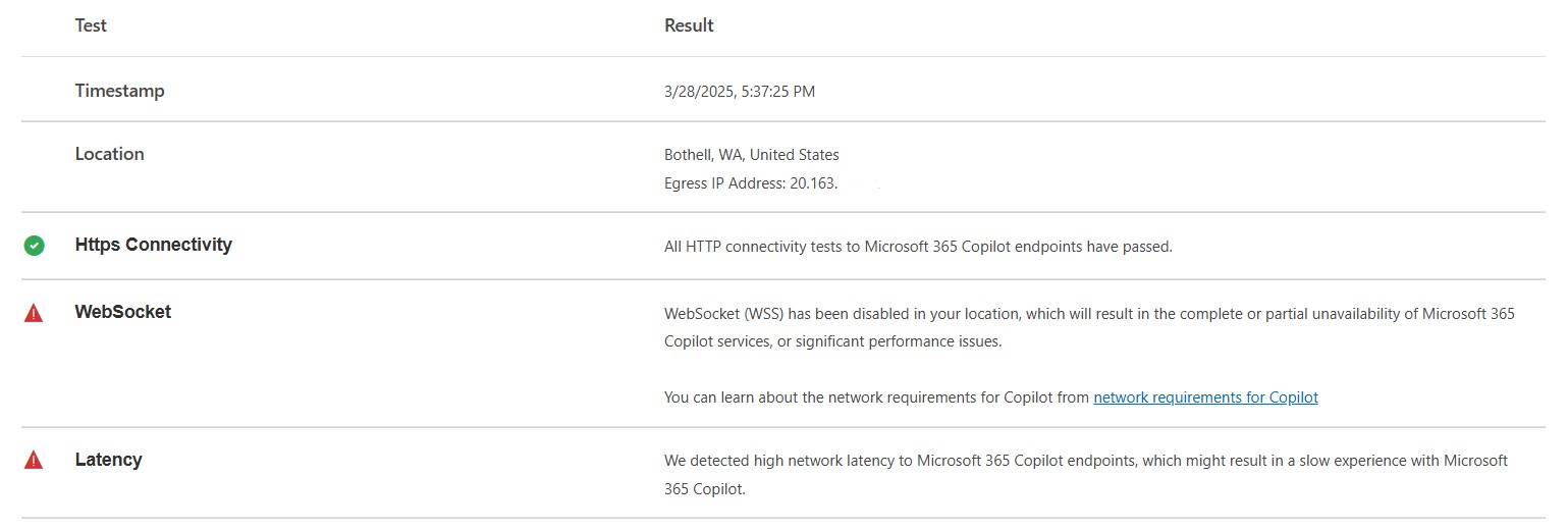 Screenshot that shows the Connectivity test - WSS fail.