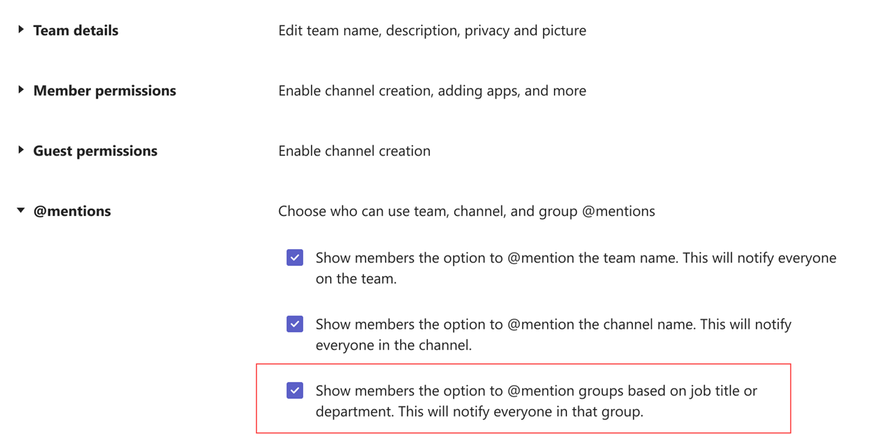 Screenshot of the option in team settings to @mention groups based on job title or department.