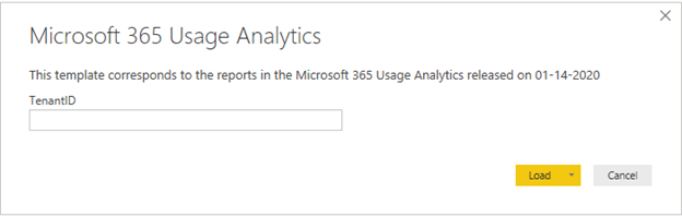 Screenshot of entering your tenant ID to open the pbit file in Power BI.