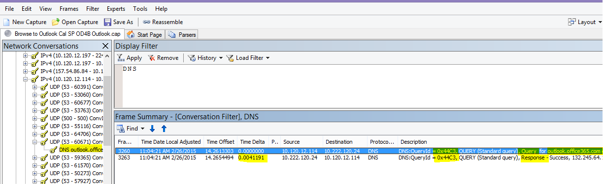 A Netmon trace of Outlook on the web load filtered by DNS, and using Find Conversations then DNS to narrow down the results.