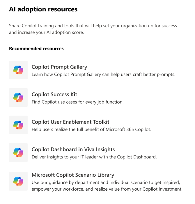 Screenshot of the resources list for Copilot adoption.
