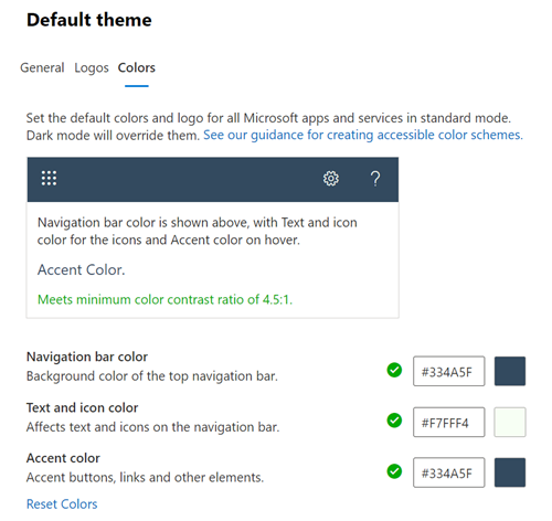 Screenshot: Colors tab showing default theme colors for your organization.