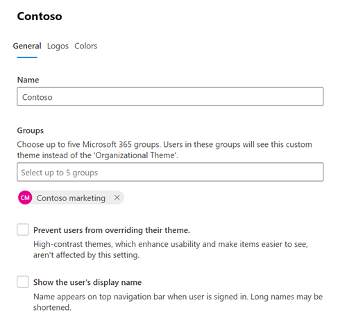 Screenshot: General tab showing the default theme for a group of users in your organization.