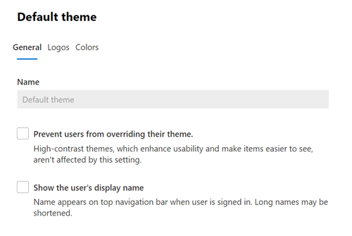Screenshot: General tab showing the default theme for your organization.