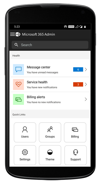Screenshot: Admin mobile app's home page, displaying search, Message center, health, and quick links.