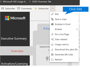 Screenshot of clicking Edit report on the top right navigation in Power BI.