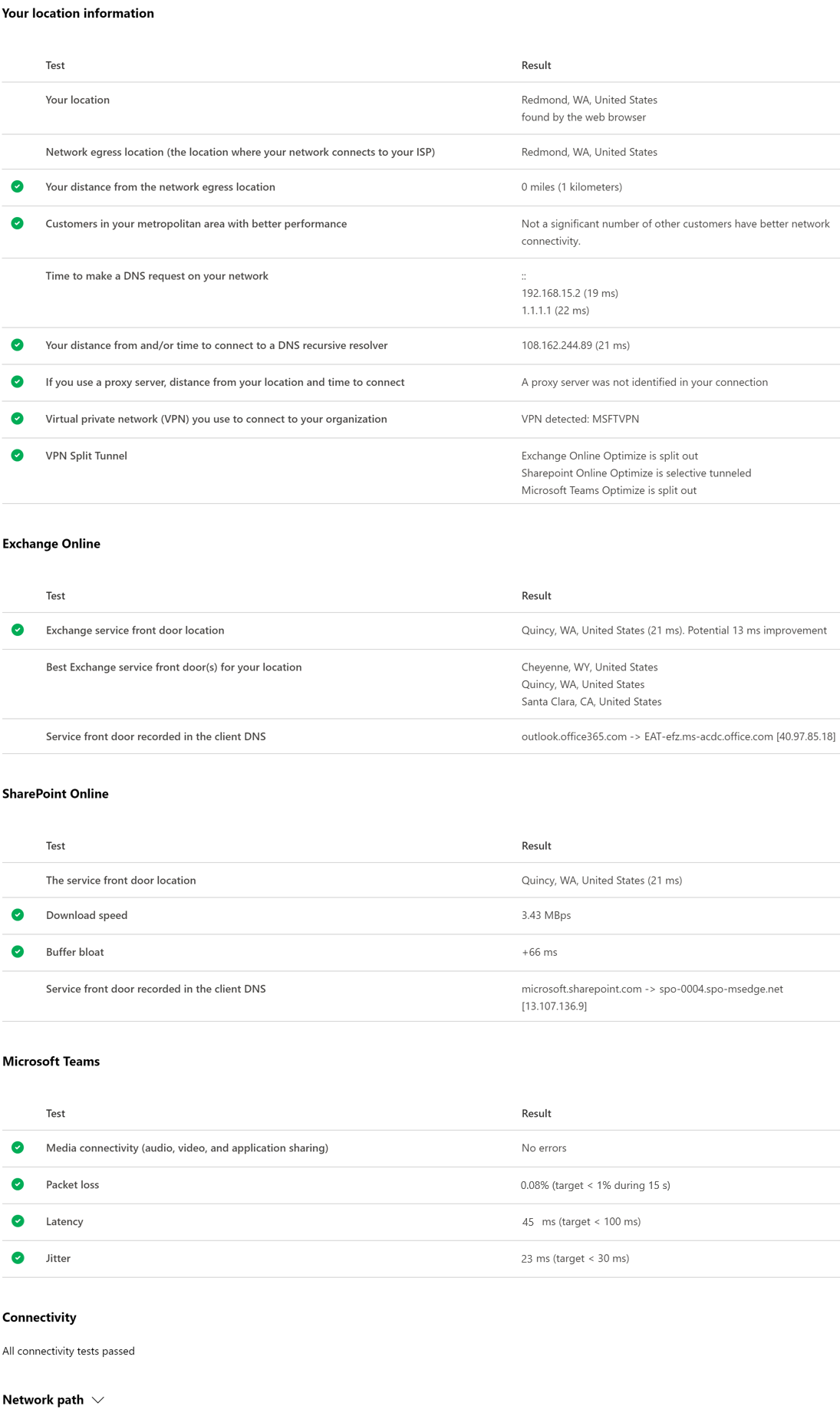 Screenshot of the network connectivity test tool example test results.