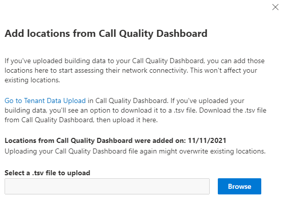 Screenshot of the Add locations from Call Quality Dashboard flyout.