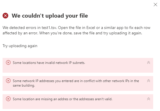 Screenshot of the we couldn't upload your file flyout.