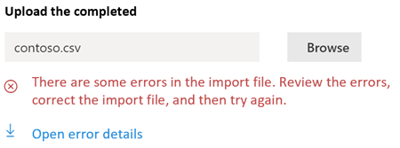 Screenshot of the CSV import error message.