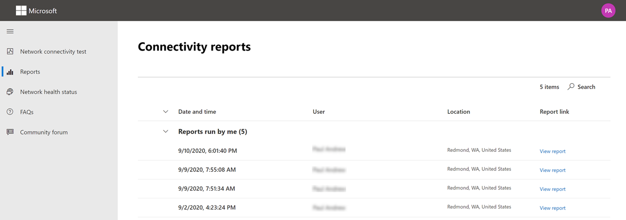 Screenshot that shows the list of reports.
