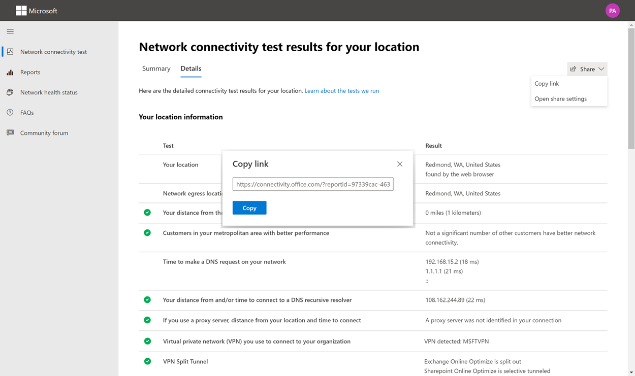 Screenshot that shows the sharing a link to your test results.