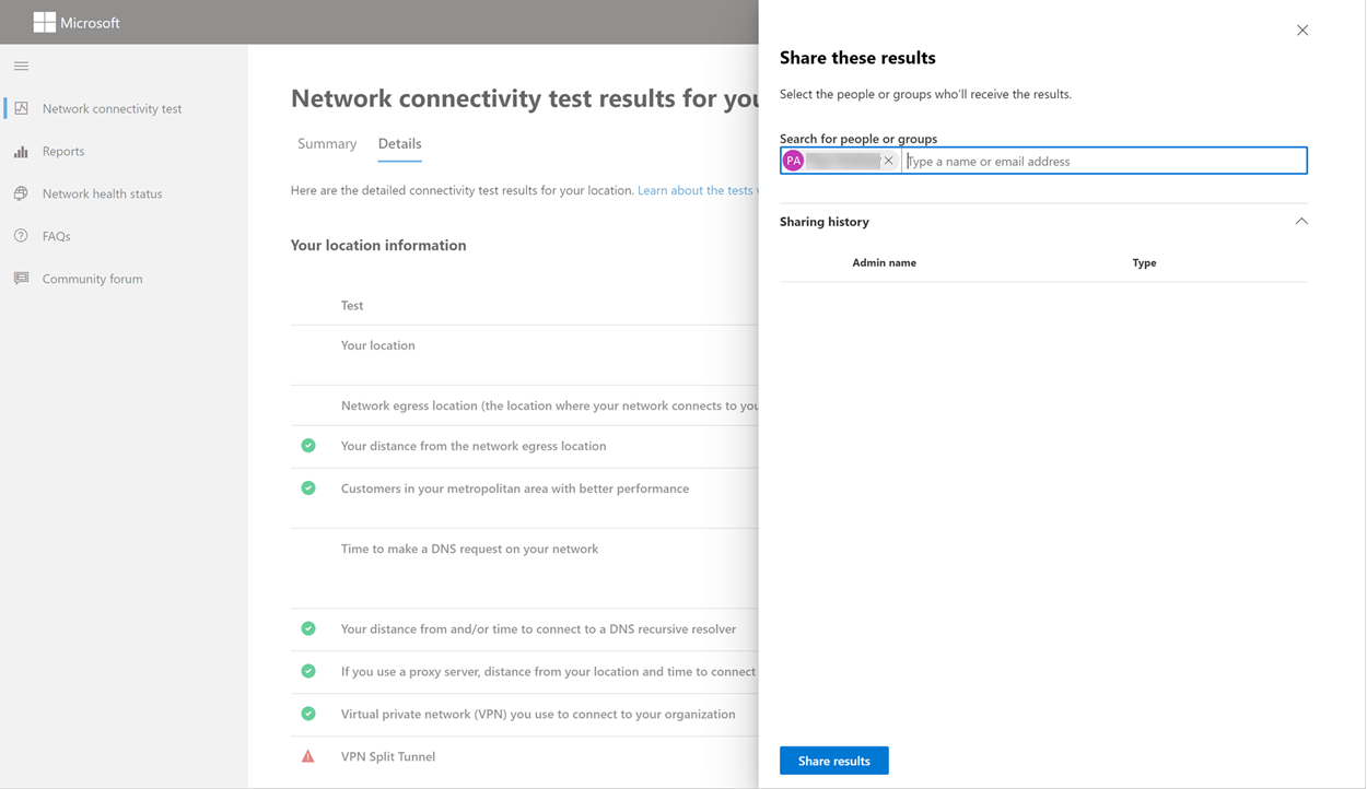 Screenshot that shows the sharing a link to your test results with a user.