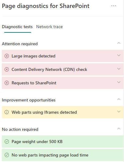 Screenshot that shows the page diagnostics for SharePoint.
