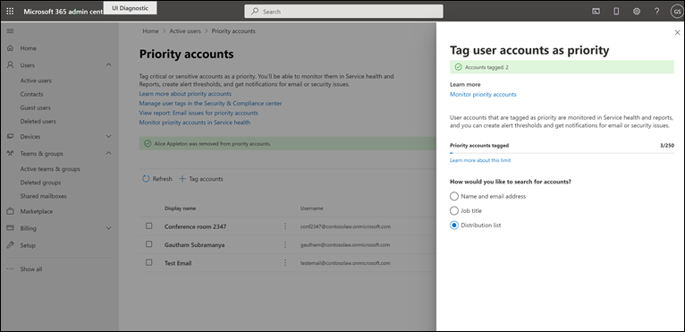 Screenshot of the interface for searching a distribution list to add priority accounts.