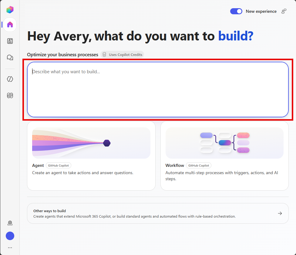 Copilot Studio homepage, highlighting the text box.