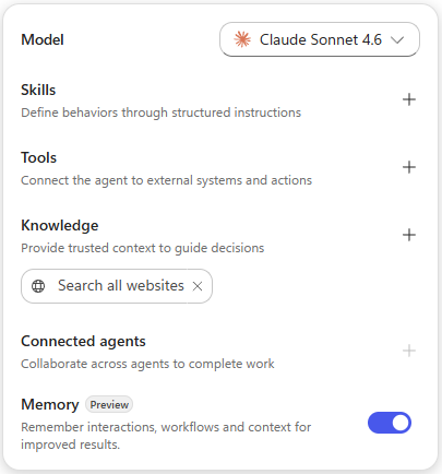 Screenshot of the Memory toggle in Copilot Studio.