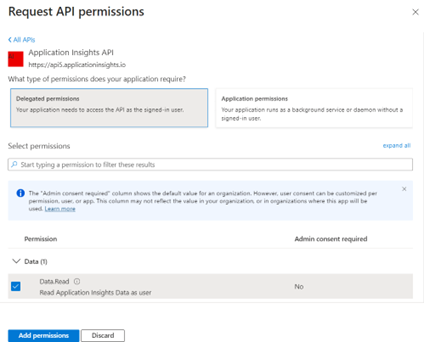 Screenshot of the Request API permissions view in the Azure portal.