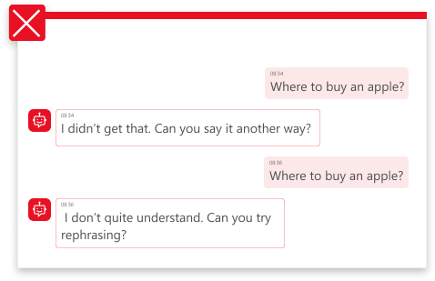 Screenshot of a chat interface where the agent asks 'Where to buy an apple?' twice and requests the user to rephrase their question.