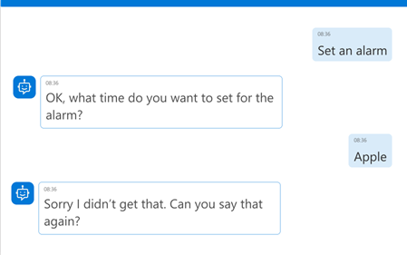 Screenshot of a chat where the user asks to set an alarm, then replies 'Apple' instead of a time, and the agent asks for clarification.