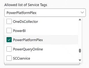 Screenshot of the service tag selection menu when configuring a Power Platform firewall.