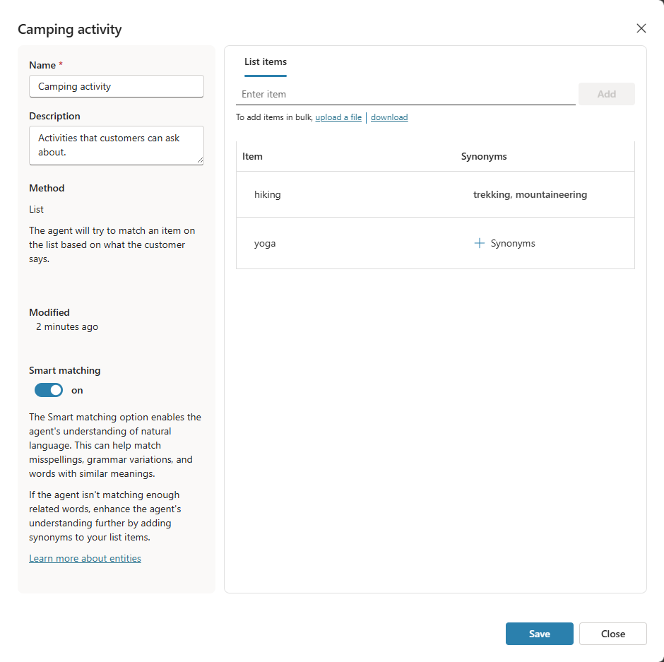Screenshot of the details panel for the example 'Camping activity' entity.