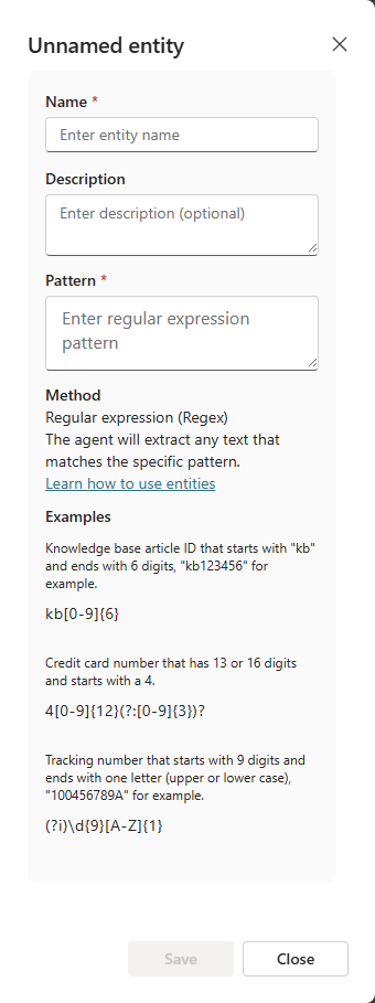Screenshot of the details panel for a regex entity.