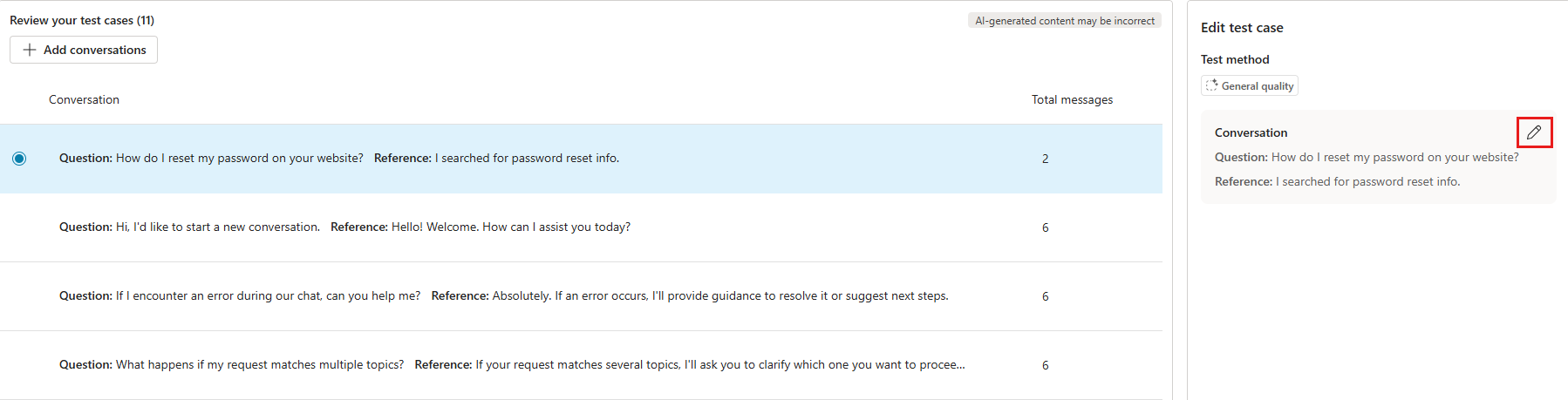 A screenshot showing the location of the edit conversation button for a single test case.