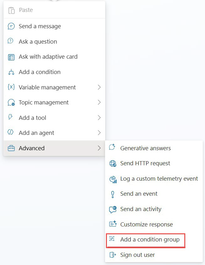 Screenshot of the Advanced menu with Add a condition group option highlighted.