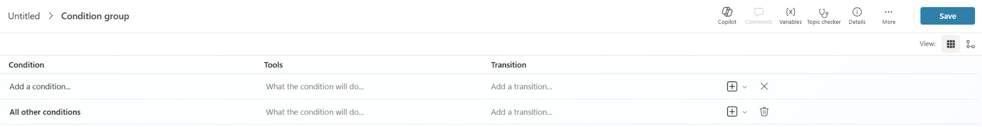 Screenshot of condition group in table view with Condition, Tools, and Transition columns.