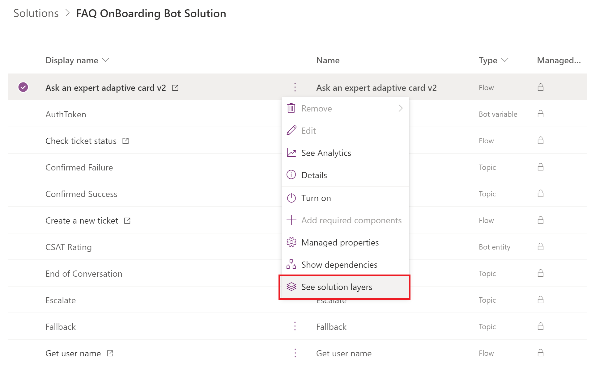 Screenshot of the See solution layers option under the Commands menu in Power Apps.
