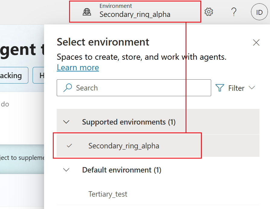 Screenshot showing the environment picker in Copilot Studio, with a checkmark next to an environment that matches the environment at the top of the page.