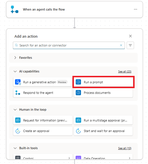 Screenshot of inserting a new action to run a prompt in Agent flow Designer.