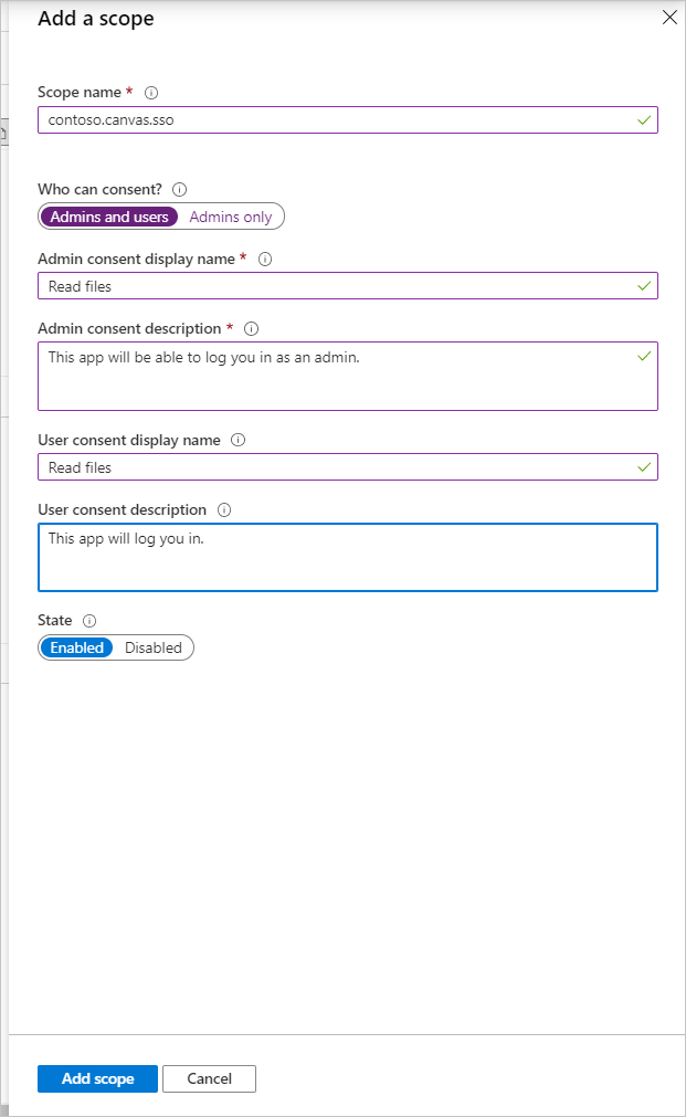 Screenshot showing the Add scope page.