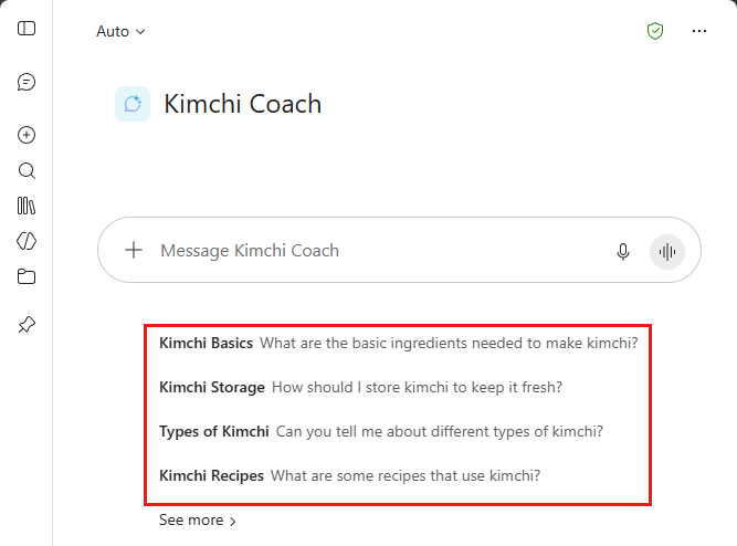 Screenshot of the welcome page in Copilot Chat, for an agent with suggested prompts.