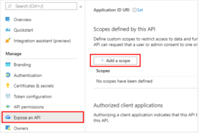 Screenshot of Expose an API and the Add a scope button highlighted.