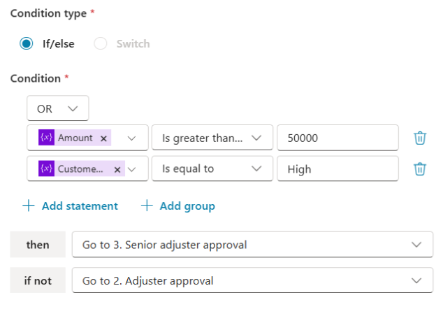 Screenshot of the condition statement configuration in the multistage viewer, showing how to add and configure conditions for approval routing.