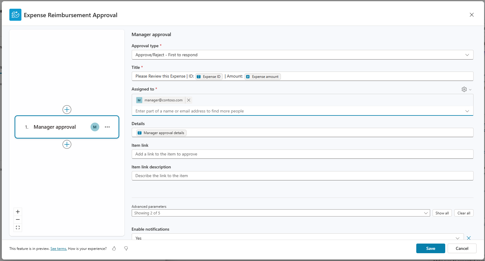 Screenshot of the manual stage configuration dialog in the approval viewer, showing fields for title, assigned to, and details.